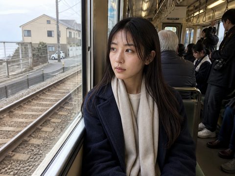 江之電車廂裡靠窗的冬日移動