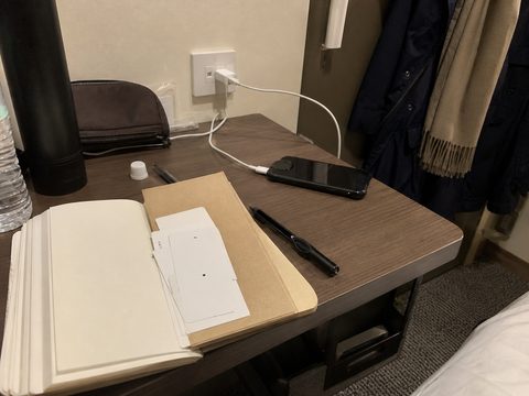 住宿房間裡掛起的外套、充電中的手機與票根
