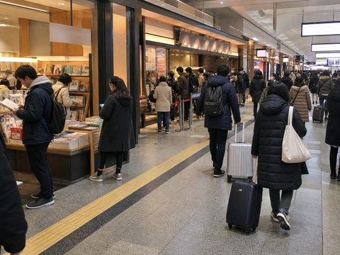 梅田車站商場裡照常的排隊與行李