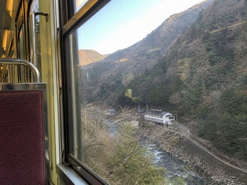 箱根登山鐵道車窗外的冬日山谷